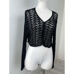 Crochet Knit Button Up Cropped Beaded Grunge Sweater‎